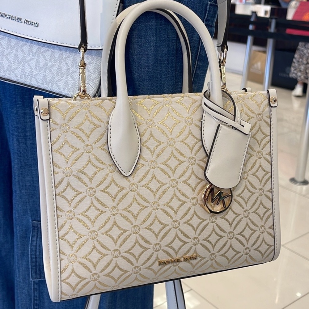Michael Kors Mirella Small Metallic Logo Jacquard Crossbody Bag
Light Cream 
NWT